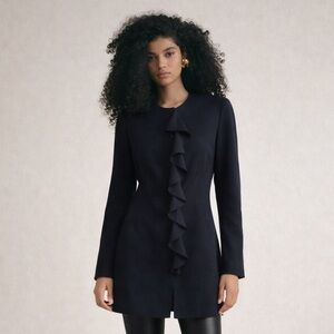 ZARA Navy Longline Tailored Ruffle Blazer • Navy • XS